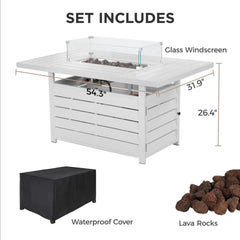 54.3 Inches Outdoor Patio White Aluminum Fire Pit Table, 50000 BTU CSA Certified Propane Gas Fire Pit, Rectangular Fire Table w/Stainless Burner, Lava Rock, Waterproof Cover