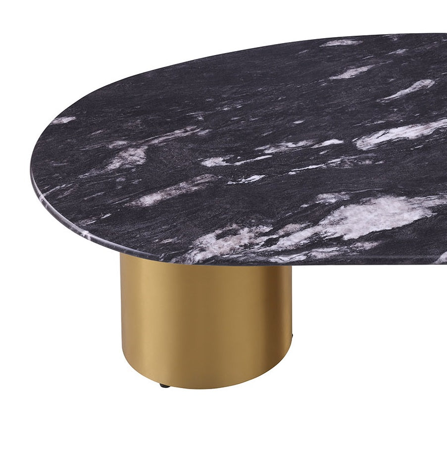 1pc Oval Coffee Table Sintered Stone Top Gold Legs Soft Corner Edges Black Gray And Matte Gold Finish Primary Living Room