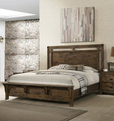 1pc Rustic Industrial Style Brown Finish Queen Size Panel Bed w Built in Bench Footboard Solid Wood Wooden Bedroom Furniture