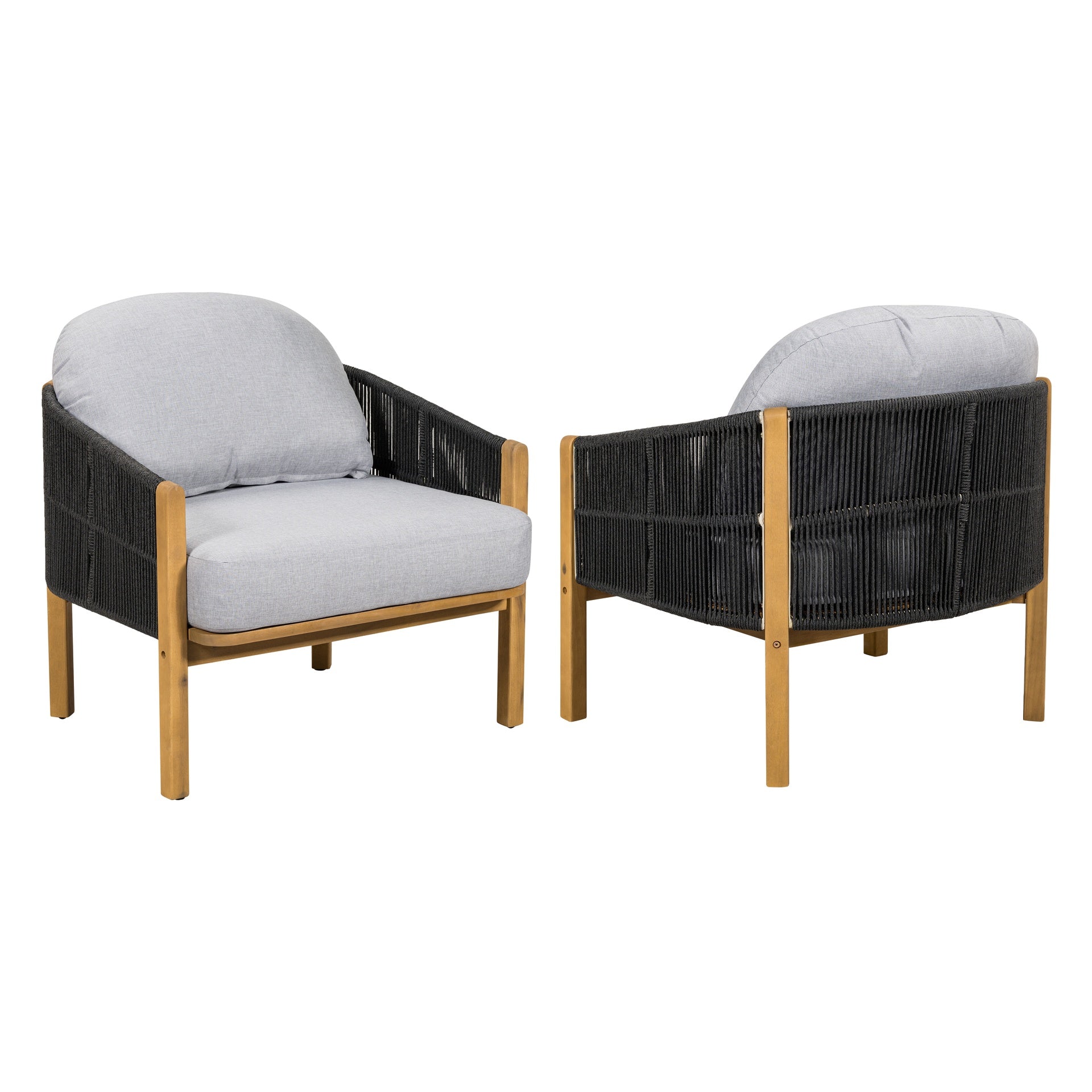 Grotta Outdoor Wood Club Chair, Dark Gray Rope with Gray Cushion, Set of 2