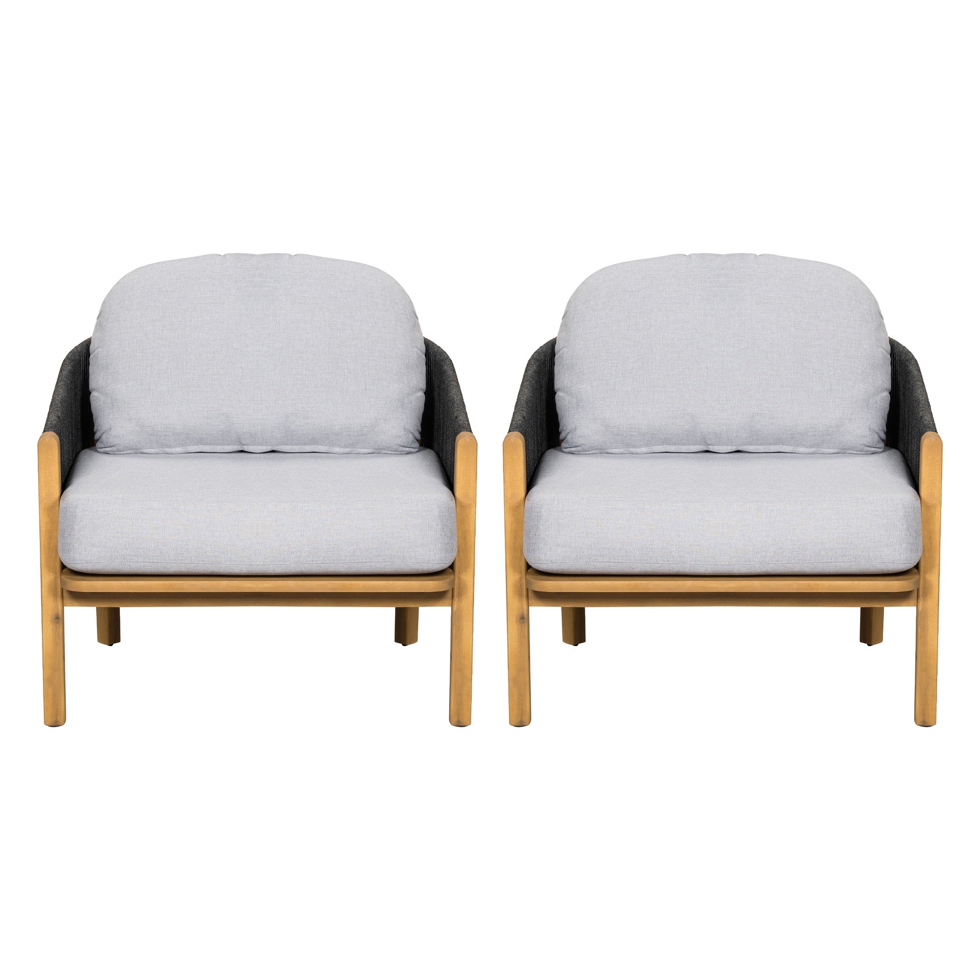 Grotta Outdoor Wood Club Chair, Dark Gray Rope with Gray Cushion, Set of 2