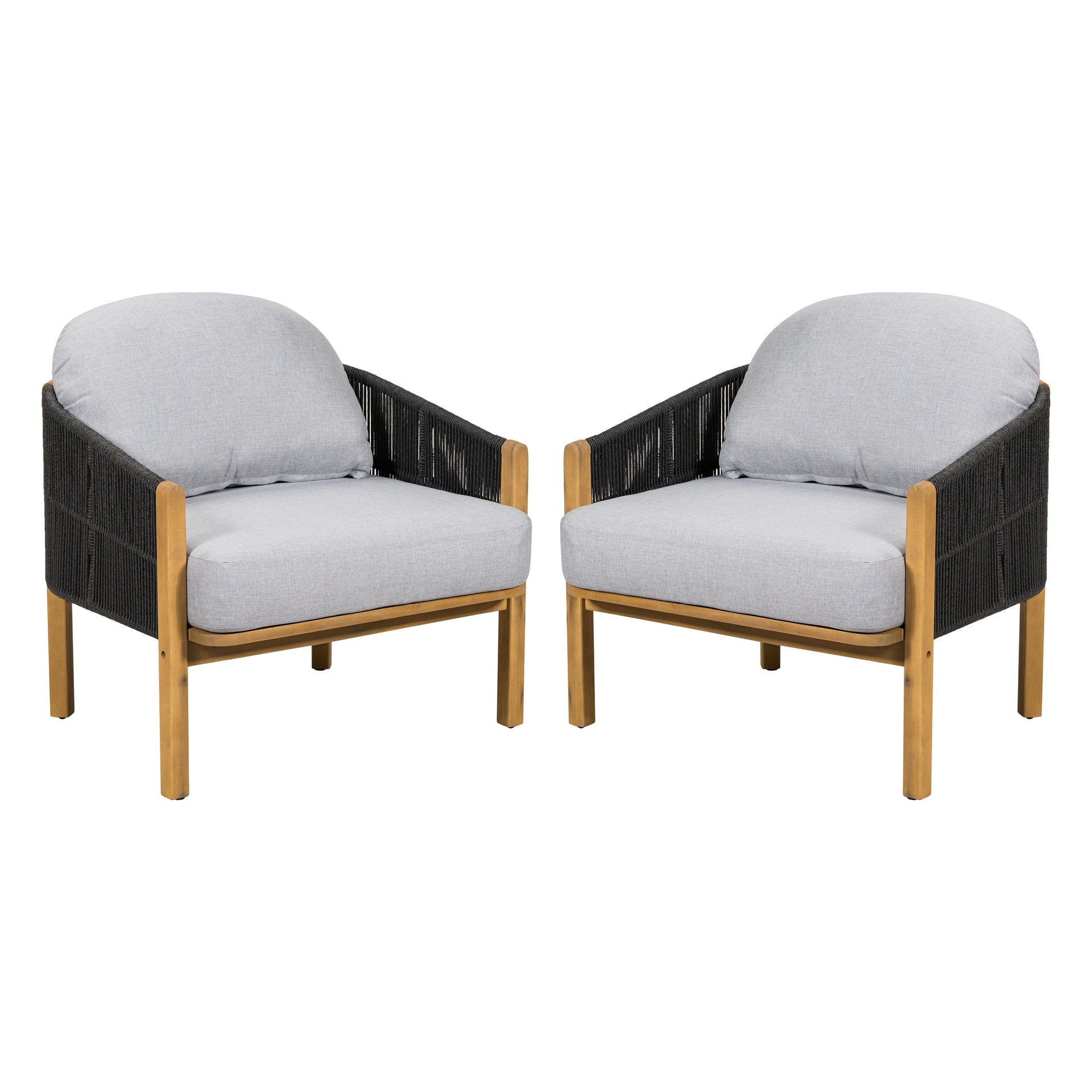 Grotta Outdoor Wood Club Chair, Dark Gray Rope with Gray Cushion, Set of 2