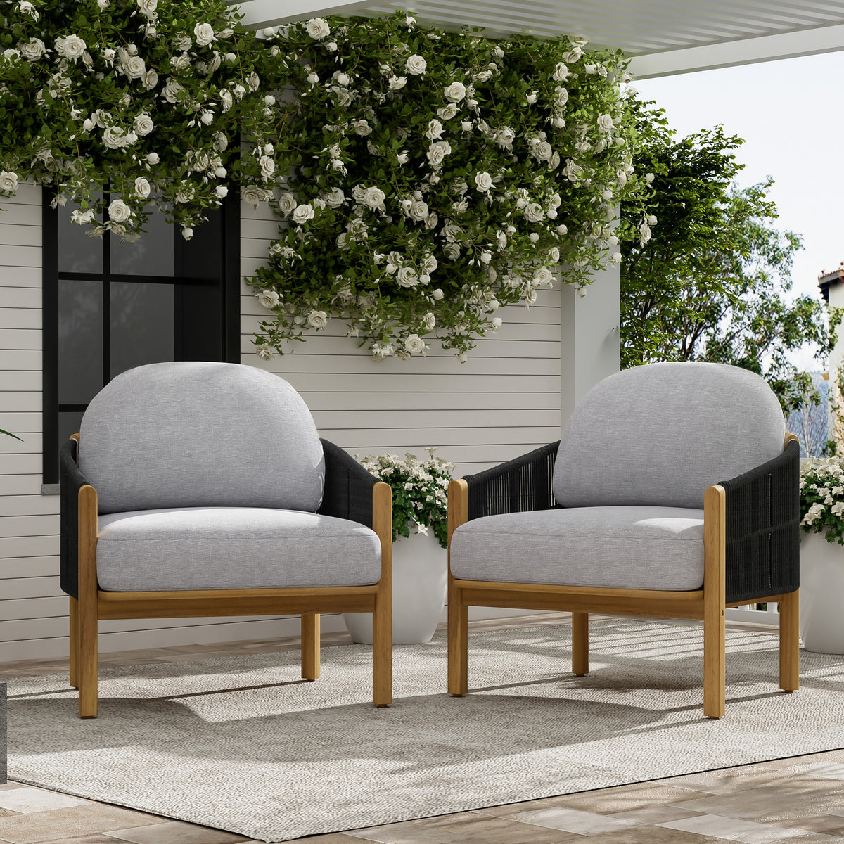 Grotta Outdoor Wood Club Chair, Dark Gray Rope with Gray Cushion, Set of 2