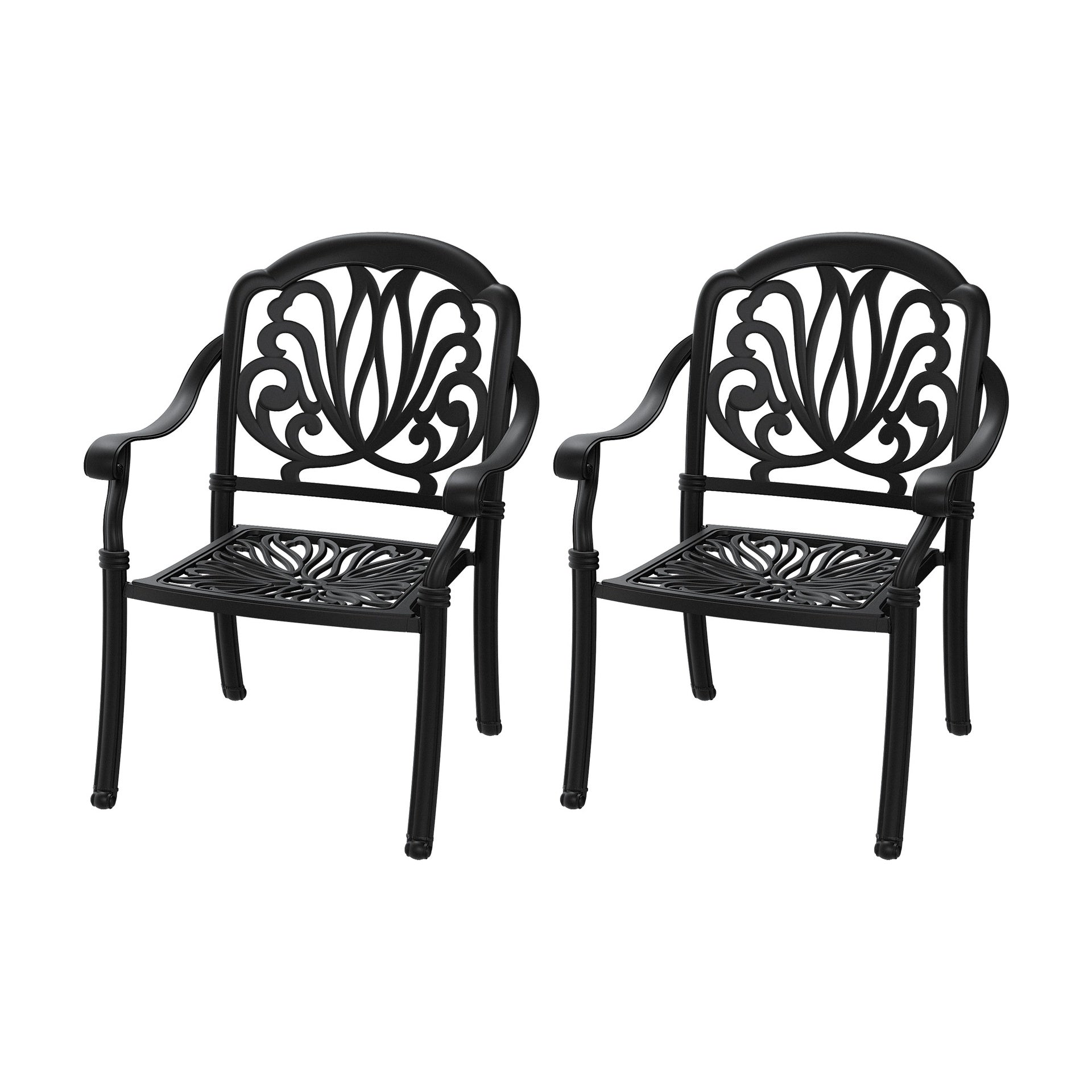 Cast Aluminum Patio Dining Chair 2PCS With Black Frame and Brown Cushions