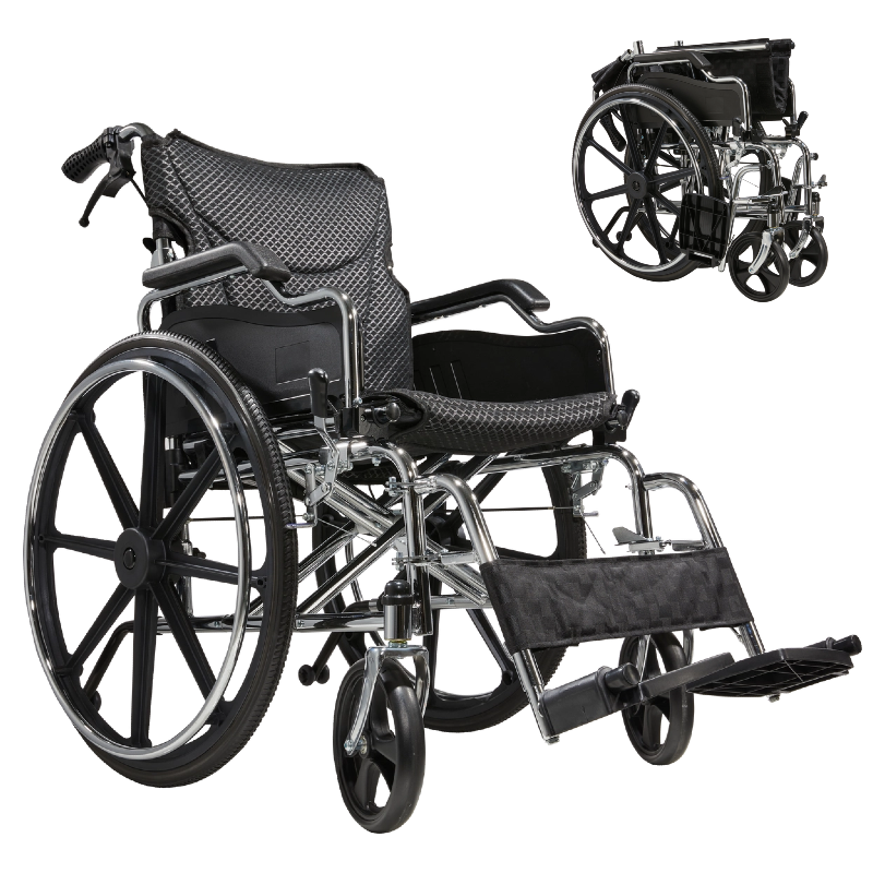 Folding Manual Transport Wheelchair, 18" Seat With Front and Rear Locking Hand Brakes, 24" Quick Release Rear Wheels,Bright Silver