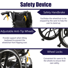 Folding Manual Transport Wheelchair, 18" Seat With Front and Rear Locking Hand Brakes, 24" Quick Release Rear Wheels,Bright Silver