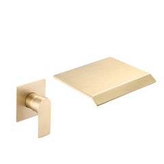 Wall Mount Bathtub Faucet Brushed Gold Single Handle Modern Bathroom Sink Faucet with Rough in Valve High Flow Filler Waterfall Tub Spout
