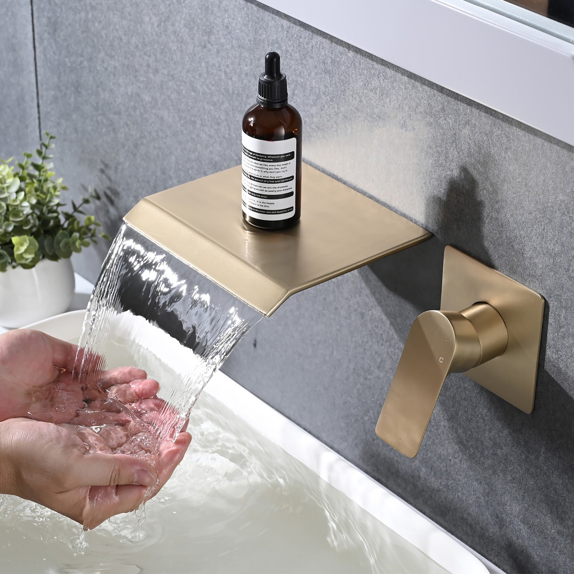 Wall Mount Bathtub Faucet Brushed Gold Single Handle Modern Bathroom Sink Faucet with Rough in Valve High Flow Filler Waterfall Tub Spout