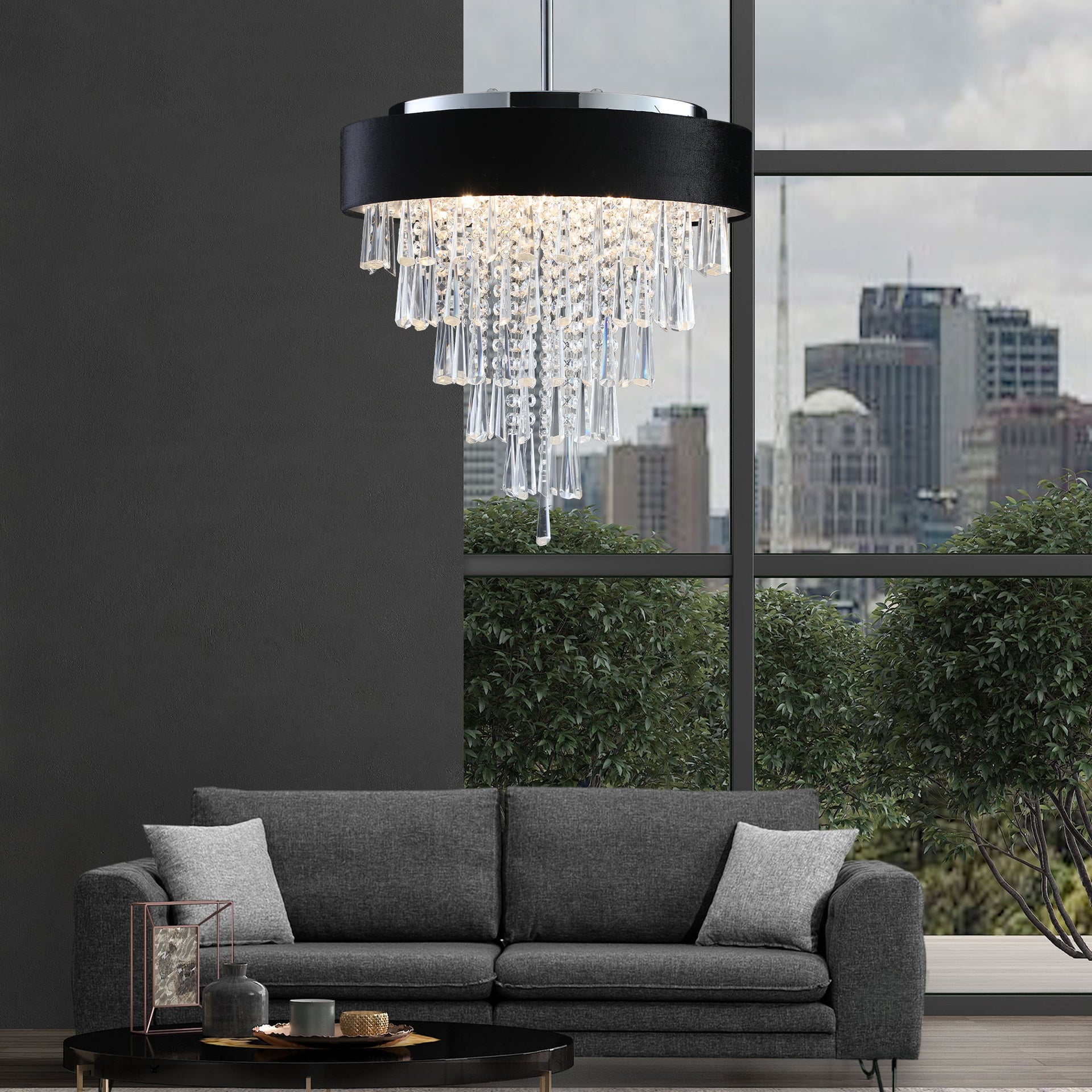 18-inch Modern Crystal Chandelier with Black Imitation Velvet Anti-Glare Shade, Adjustable Height, 8-Light G9 Base for Dining Room, Living Room, or Bedroom (Bulb Not Included)