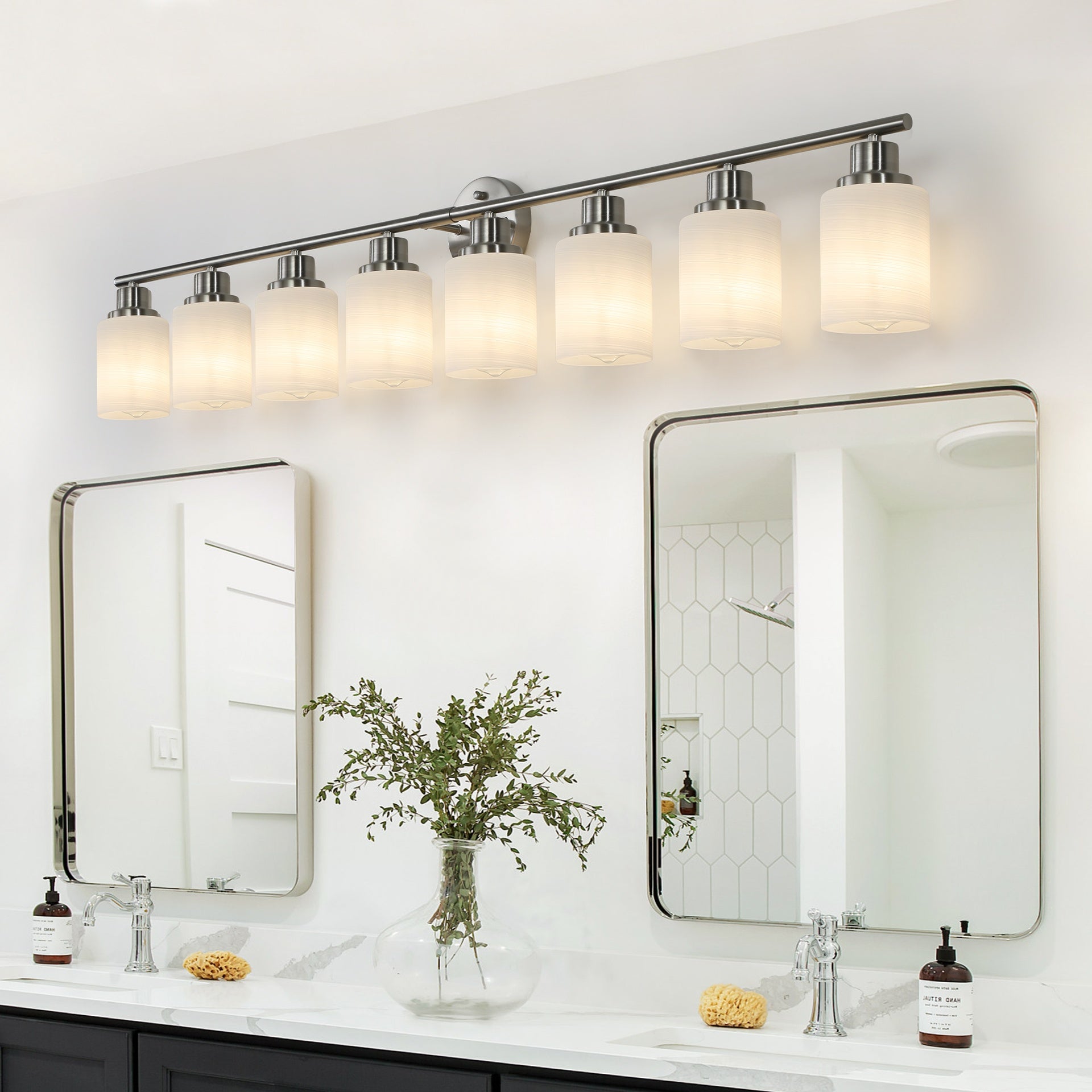 52" Modern 8-Light Vanity Wall Sconce, Brushed Nickel Finish with Frosted Glass Shades for Bathroom or Hallway Lighting (No Bulbs)