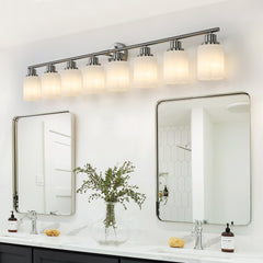 52" Modern 8-Light Vanity Wall Sconce, Brushed Nickel Finish with Frosted Glass Shades for Bathroom or Hallway Lighting (No Bulbs)