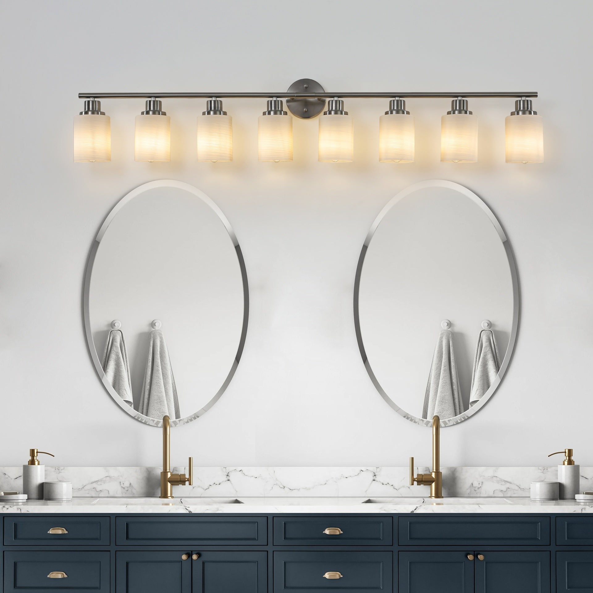 52" Modern 8-Light Vanity Wall Sconce, Brushed Nickel Finish with Frosted Glass Shades for Bathroom or Hallway Lighting (No Bulbs)