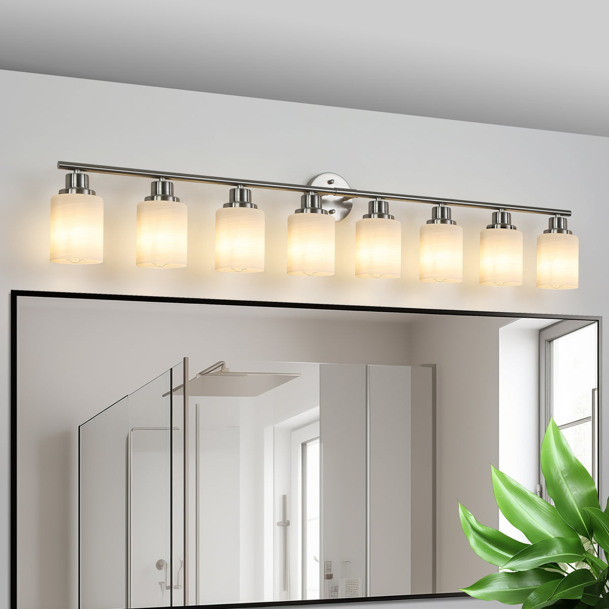 52" Modern 8-Light Vanity Wall Sconce, Brushed Nickel Finish with Frosted Glass Shades for Bathroom or Hallway Lighting (No Bulbs)