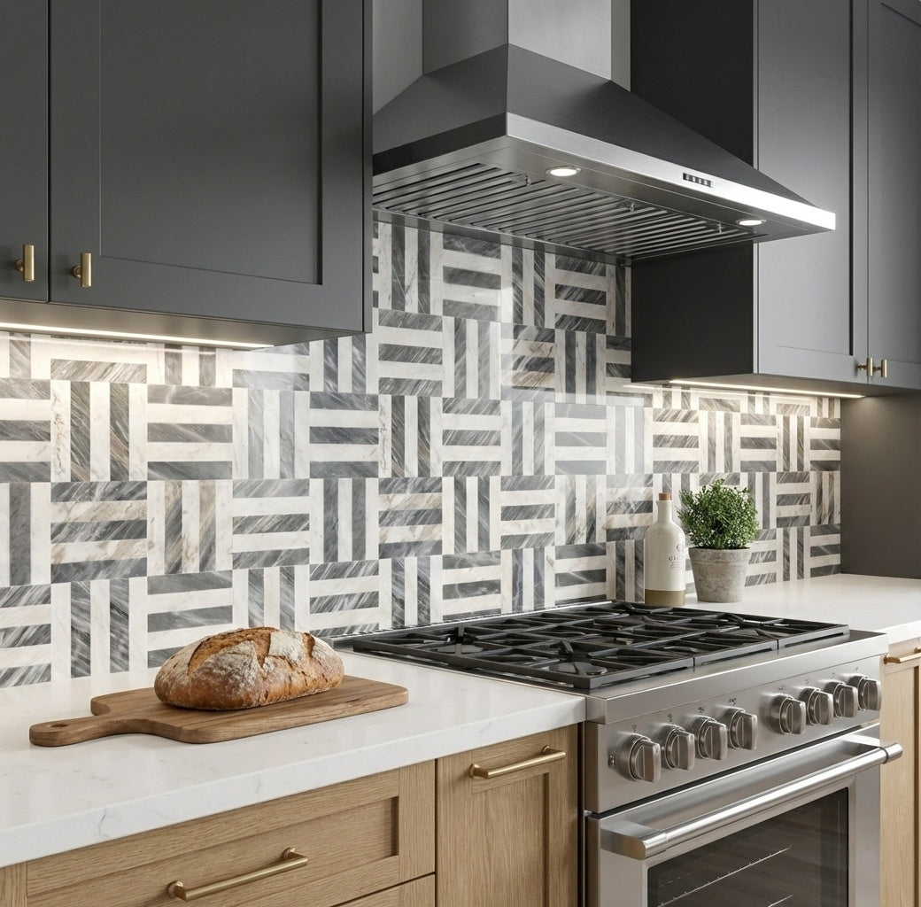 12x12 White Gray 2 color Waterjet marble tiles for floor and wall, polished natural marble tile, natural stone, genuine marble, real marble, 1 box each pattern 4 pcs