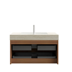 TILLEY 36" Bathroom Vanity&Sink, Floating Striped Plywood Storage Cabinet with 2 Drawers, Travertine-Pattern Sintered Stone Top with Ceramic Undermount Basin, Pre-assembled, Brown Oak Woodgrain Color