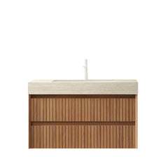 TILLEY 36" Bathroom Vanity&Sink, Floating Striped Plywood Storage Cabinet with 2 Drawers, Travertine-Pattern Sintered Stone Top with Ceramic Undermount Basin, Pre-assembled, Brown Oak Woodgrain Color