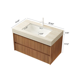 TILLEY 36" Bathroom Vanity&Sink, Floating Striped Plywood Storage Cabinet with 2 Drawers, Travertine-Pattern Sintered Stone Top with Ceramic Undermount Basin, Pre-assembled, Brown Oak Woodgrain Color