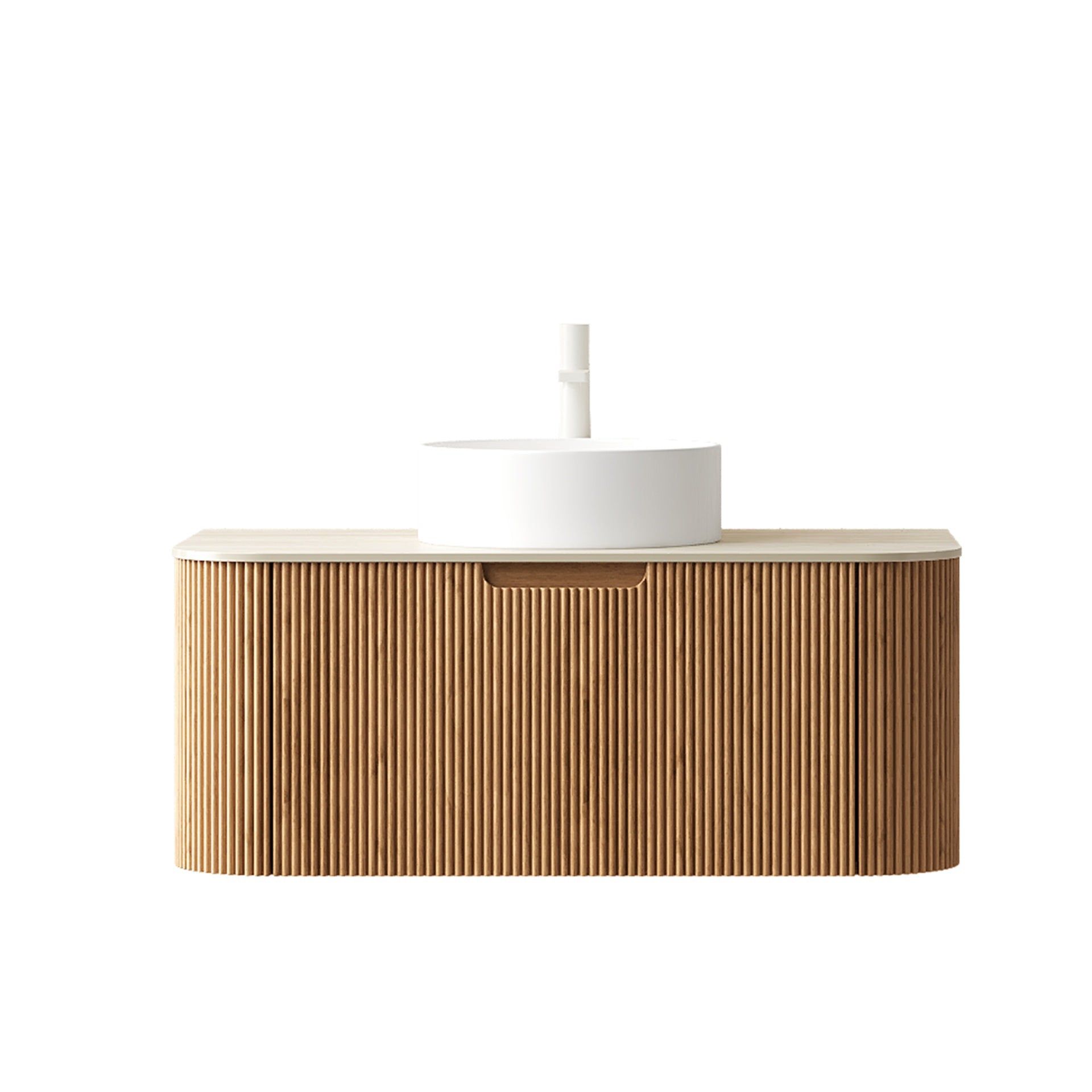 DINA 36" Bathroom Vanity&Sink, Floating Curved Edge Striped Plywood Storage Cabinet with Drawer, White Round Ceramic Basin&Travertine-Pattern Sintered Stone Top, Pre-assembled, Natural Woodgrain Color