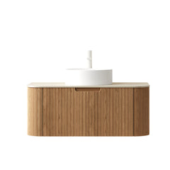DINA 36" Bathroom Vanity&Sink, Floating Curved Edge Striped Plywood Storage Cabinet with Drawer, White Round Ceramic Basin&Travertine-Pattern Sintered Stone Top, Pre-assembled, Natural Woodgrain Color