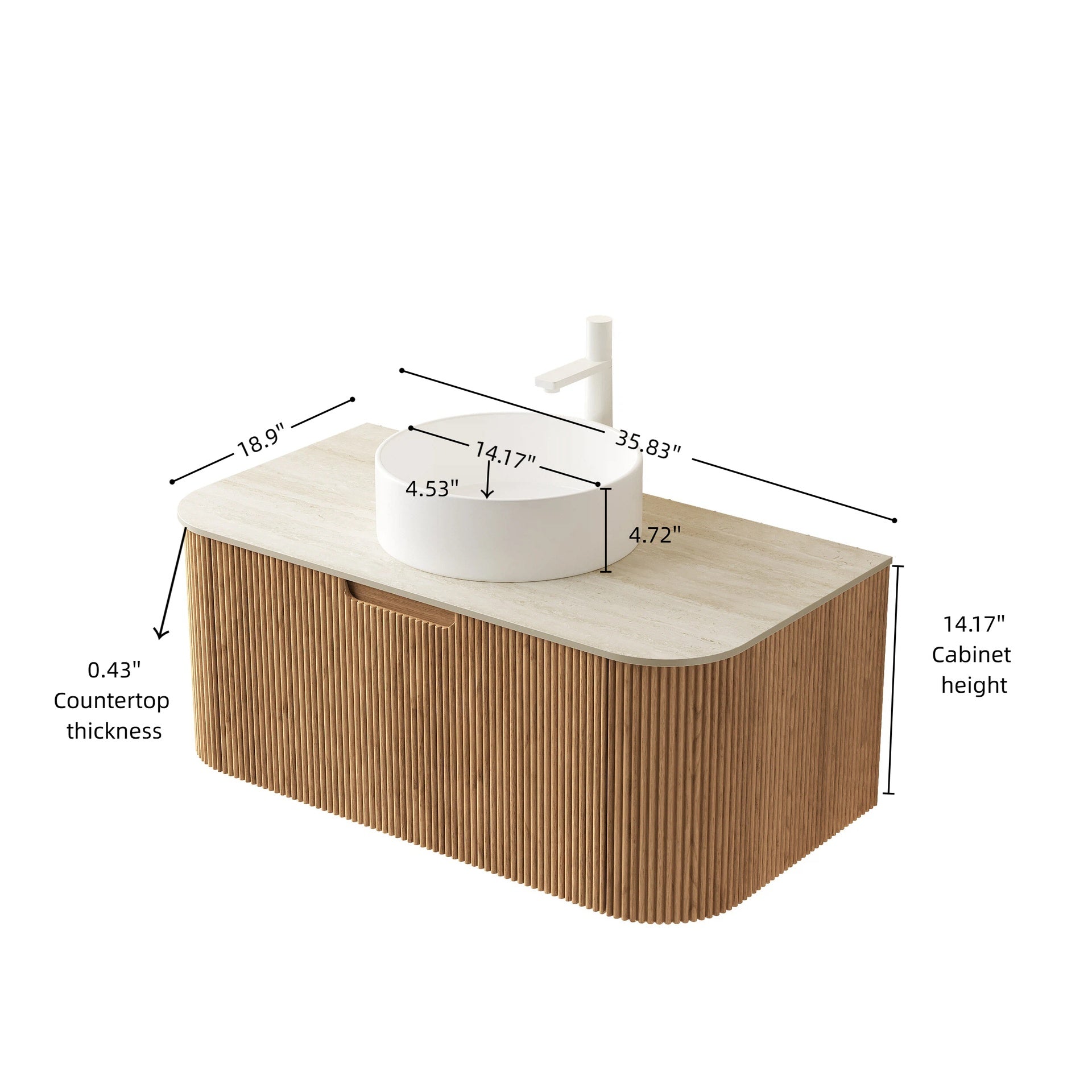 DINA 36" Bathroom Vanity&Sink, Floating Curved Edge Striped Plywood Storage Cabinet with Drawer, White Round Ceramic Basin&Travertine-Pattern Sintered Stone Top, Pre-assembled, Natural Woodgrain Color