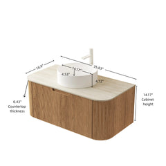 DINA 36" Bathroom Vanity&Sink, Floating Curved Edge Striped Plywood Storage Cabinet with Drawer, White Round Ceramic Basin&Travertine-Pattern Sintered Stone Top, Pre-assembled, Natural Woodgrain Color