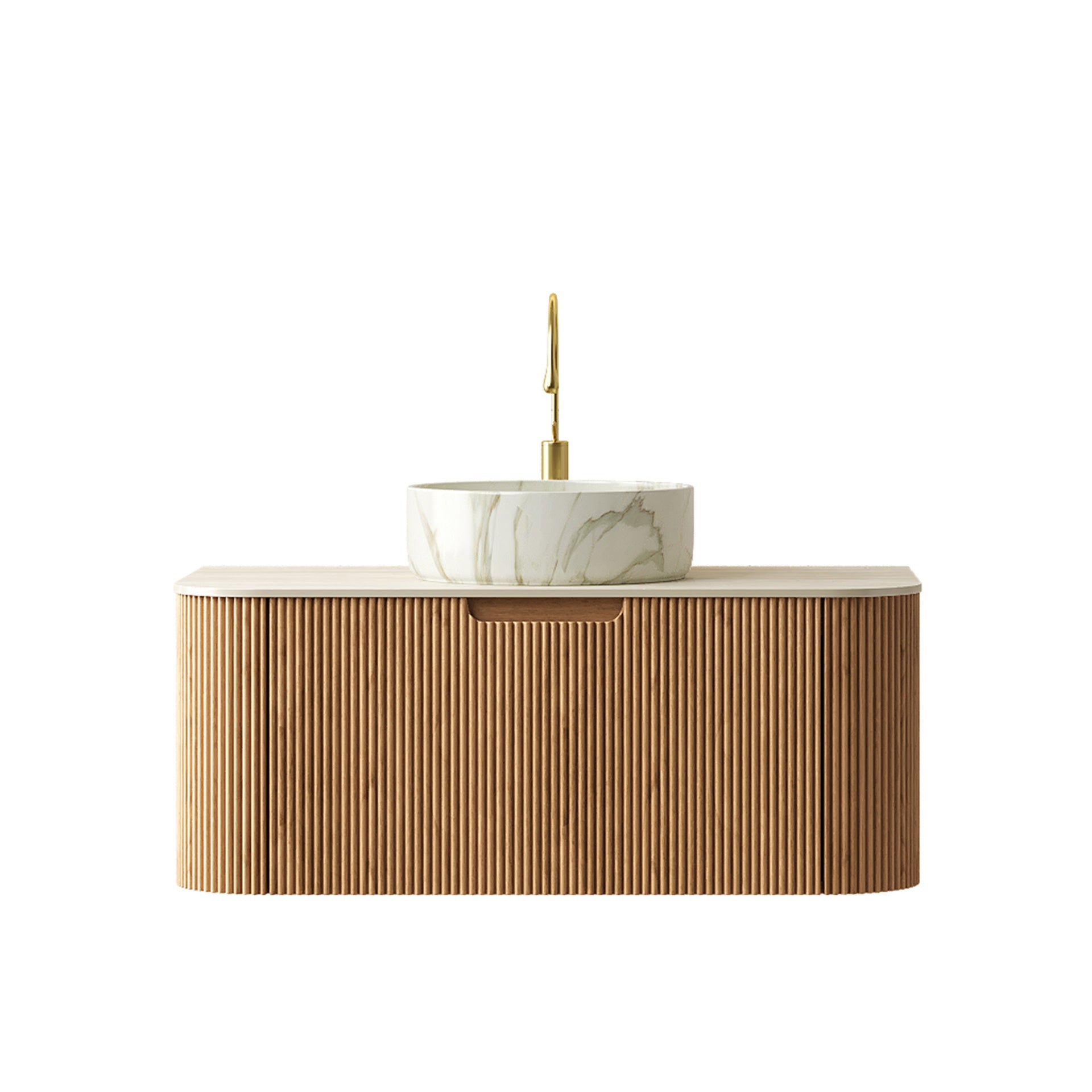 DINA 36" Bathroom Vanity&Sink, Floating Curved Edges Striped Cabinet with Drawer, Round Ceramic Basin with Stone Pattern&Travertine-Pattern Sintered Stone Top, Pre-assembled, Natural Woodgrain Color