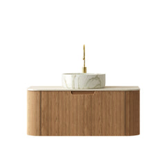 DINA 36" Bathroom Vanity&Sink, Floating Curved Edges Striped Cabinet with Drawer, Round Ceramic Basin with Stone Pattern&Travertine-Pattern Sintered Stone Top, Pre-assembled, Natural Woodgrain Color
