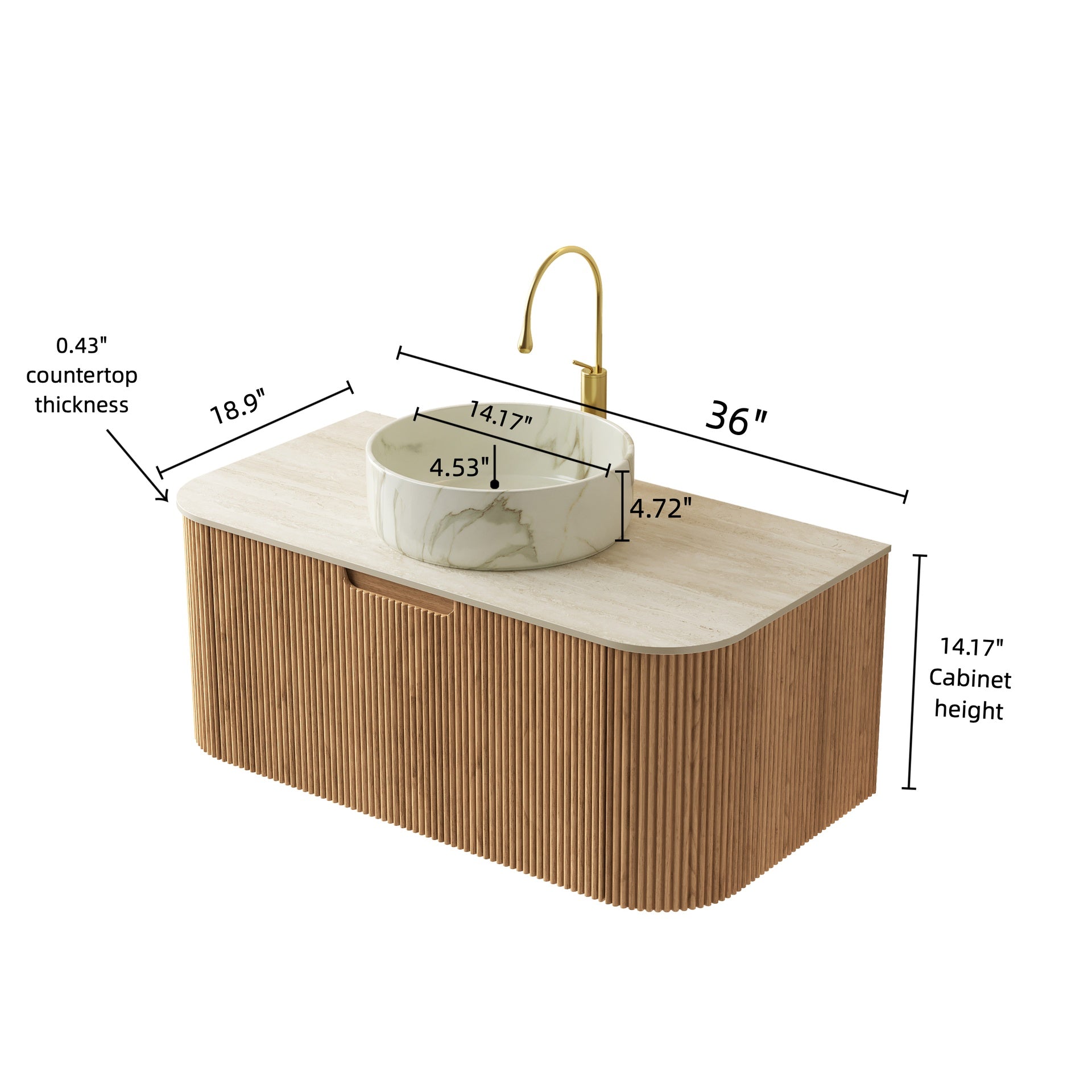 DINA 36" Bathroom Vanity&Sink, Floating Curved Edges Striped Cabinet with Drawer, Round Ceramic Basin with Stone Pattern&Travertine-Pattern Sintered Stone Top, Pre-assembled, Natural Woodgrain Color
