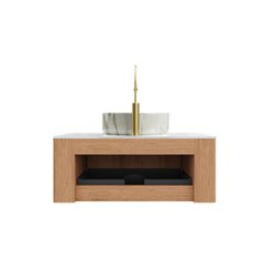 DINA 36" Bathroom Vanity&Sink, Floating Curved Edges Striped Cabinet with Drawer, Round Ceramic Basin with Stone Pattern&Travertine-Pattern Sintered Stone Top, Pre-assembled, Natural Woodgrain Color