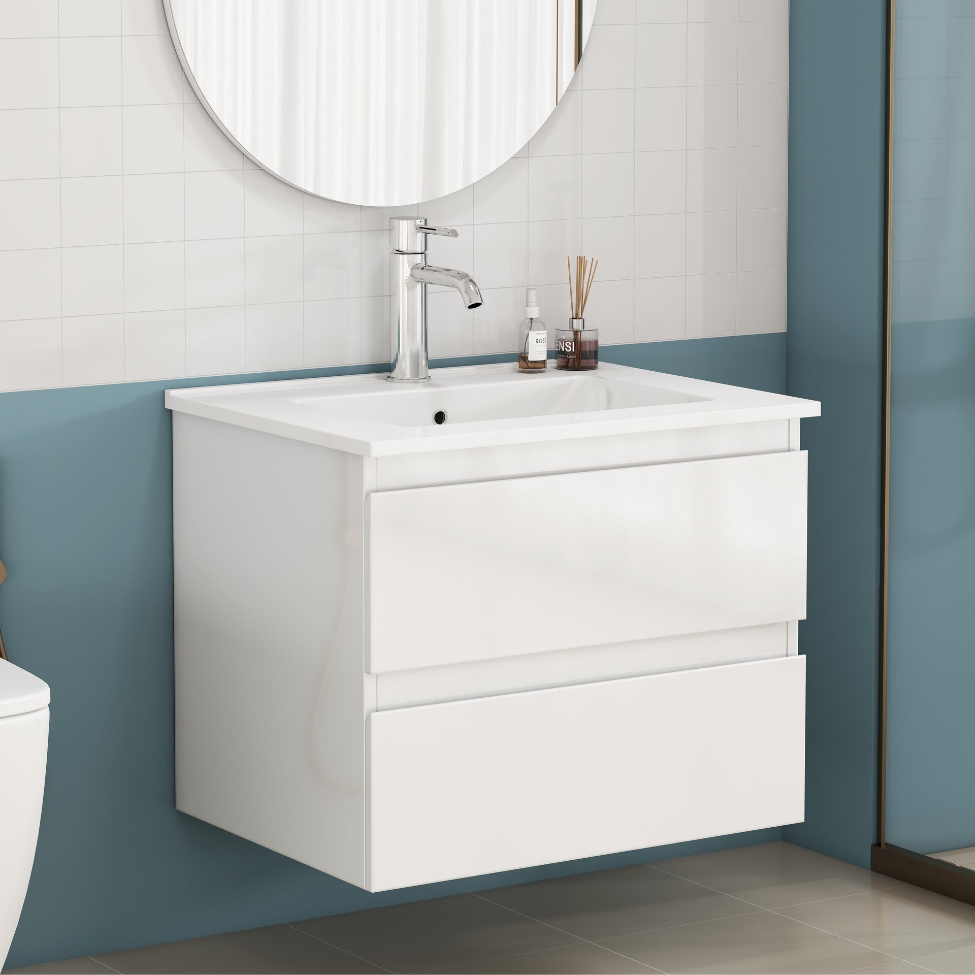 24-inch Bathroom Vanity With Sink Combo,Cabinet With 2 Big Drawers,Soft Close System,2 Big Drawers,Handle-Free Design,Easy Assemble,Glossy White