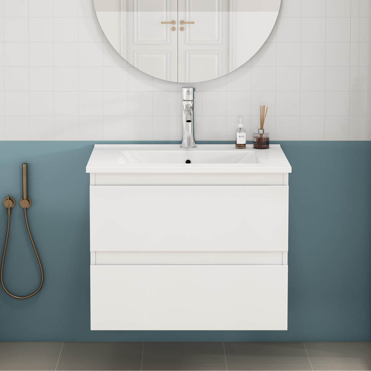 24-inch Bathroom Vanity With Sink Combo,Cabinet With 2 Big Drawers,Soft Close System,2 Big Drawers,Handle-Free Design,Easy Assemble,Glossy White