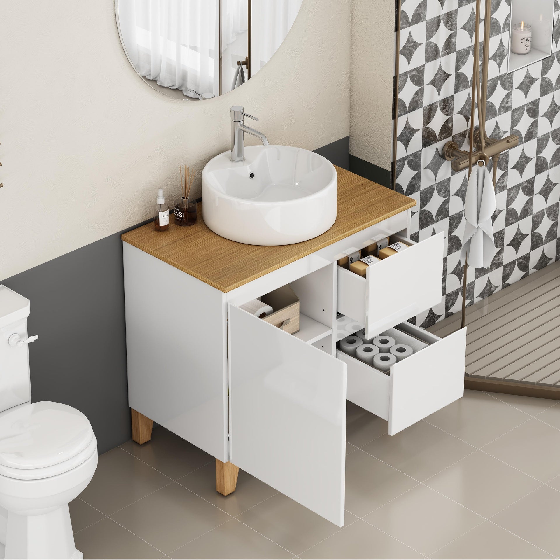 31.5-Inch Modern Bathroom Vanity with Sink Combo,1 Doors and 2 Big Drawer, Soft-Clost System,Handle-Free Design,Natural Solid Wood Top and Feet,Round Ceramic Basin On the Countertop,Glossy White