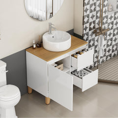 31.5-Inch Modern Bathroom Vanity with Sink Combo,1 Doors and 2 Big Drawer, Soft-Clost System,Handle-Free Design,Natural Solid Wood Top and Feet,Round Ceramic Basin On the Countertop,Glossy White