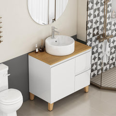 31.5-Inch Modern Bathroom Vanity with Sink Combo,1 Doors and 2 Big Drawer, Soft-Clost System,Handle-Free Design,Natural Solid Wood Top and Feet,Round Ceramic Basin On the Countertop,Glossy White