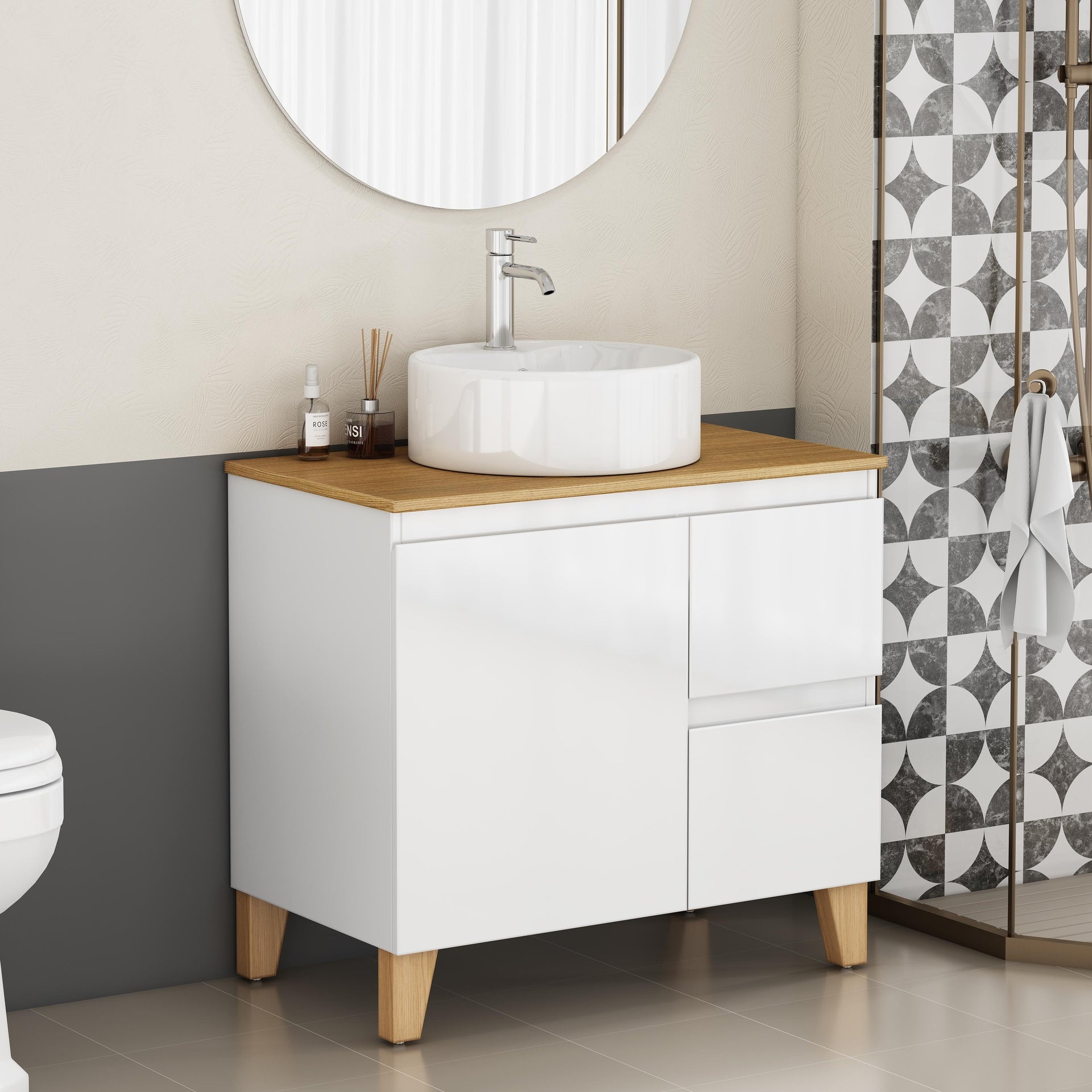 31.5-Inch Modern Bathroom Vanity with Sink Combo,1 Doors and 2 Big Drawer, Soft-Clost System,Handle-Free Design,Natural Solid Wood Top and Feet,Round Ceramic Basin On the Countertop,Glossy White