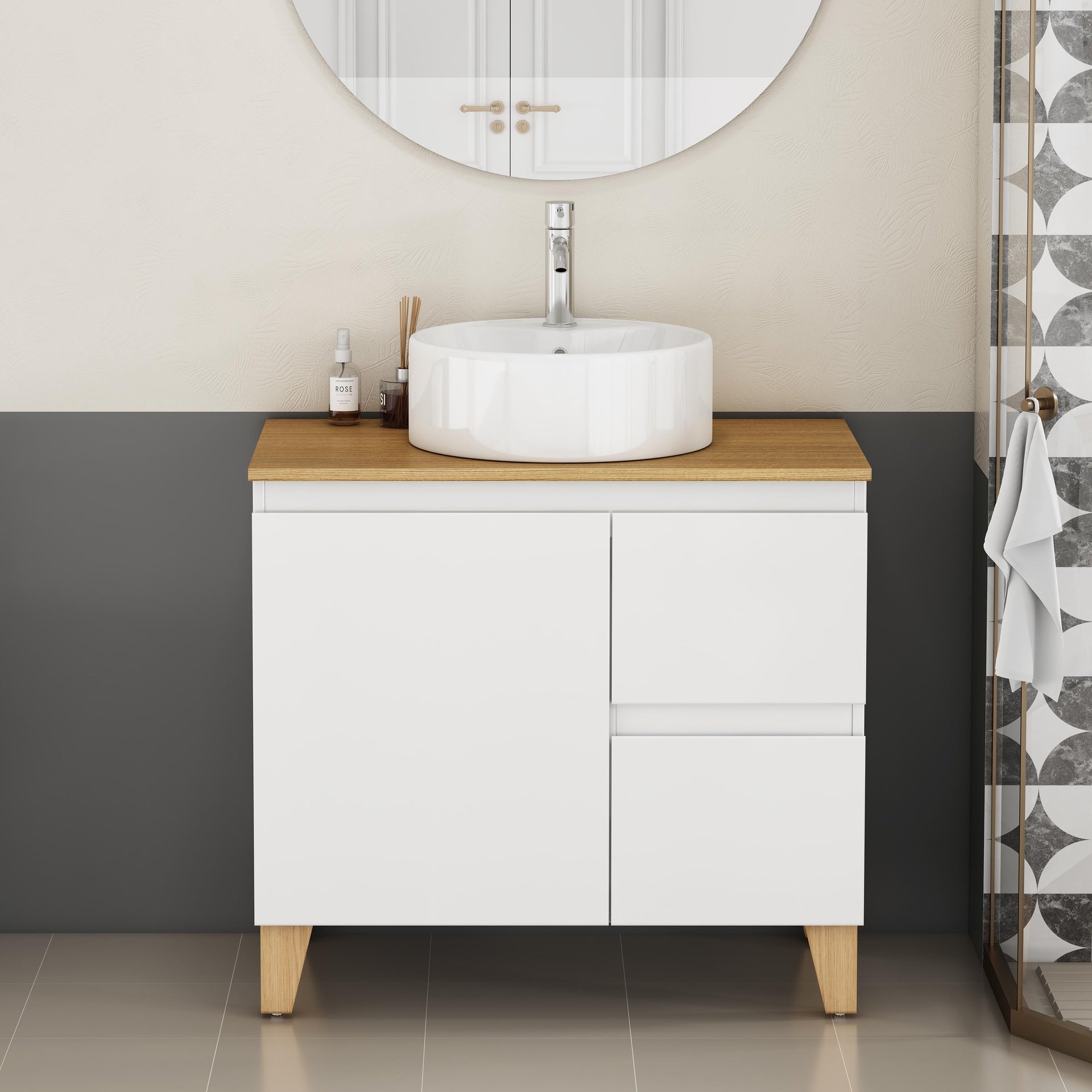 31.5-Inch Modern Bathroom Vanity with Sink Combo,1 Doors and 2 Big Drawer, Soft-Clost System,Handle-Free Design,Natural Solid Wood Top and Feet,Round Ceramic Basin On the Countertop,Glossy White