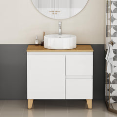 31.5-Inch Modern Bathroom Vanity with Sink Combo,1 Doors and 2 Big Drawer, Soft-Clost System,Handle-Free Design,Natural Solid Wood Top and Feet,Round Ceramic Basin On the Countertop,Glossy White