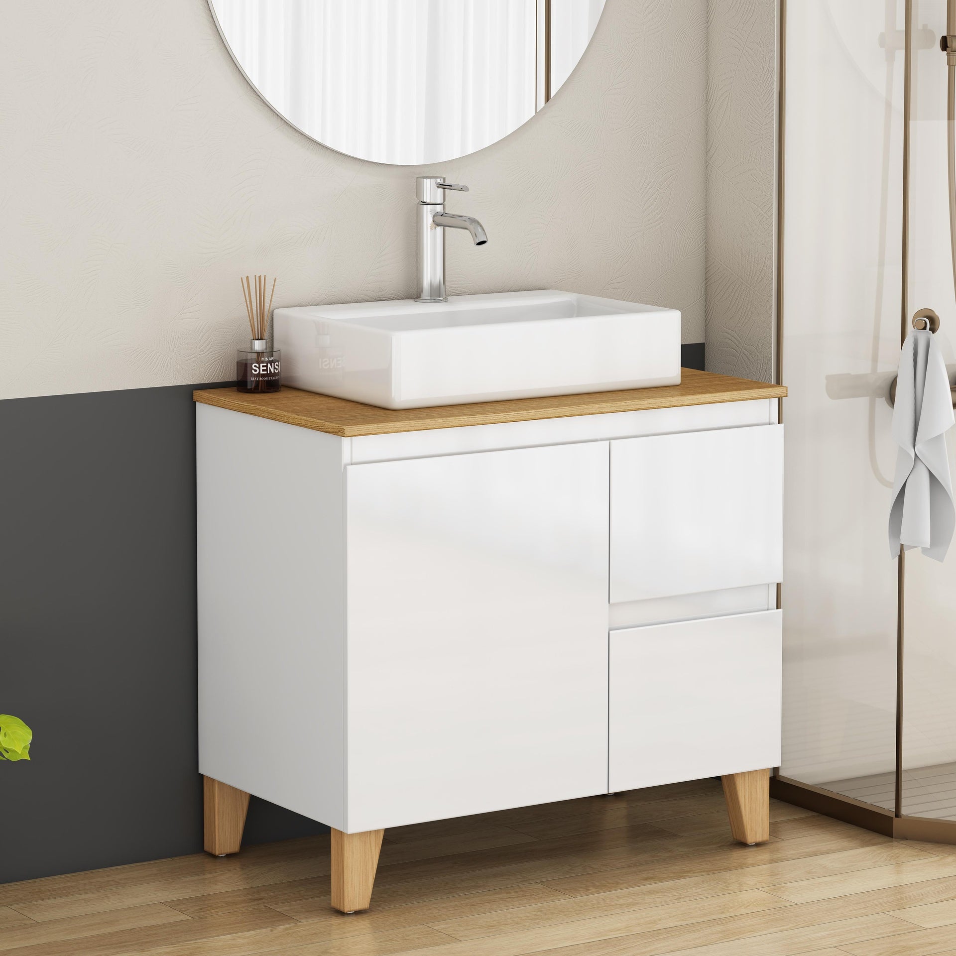 31.5-Inch Modern Bathroom Vanity with Sink Combo,1 Doors and 2 Big Drawer, Soft-Clost System,Handle-Free Design,Natural Solid Wood Top and Feet,Square-Shap Ceramic Basin On the Countertop,Glossy White