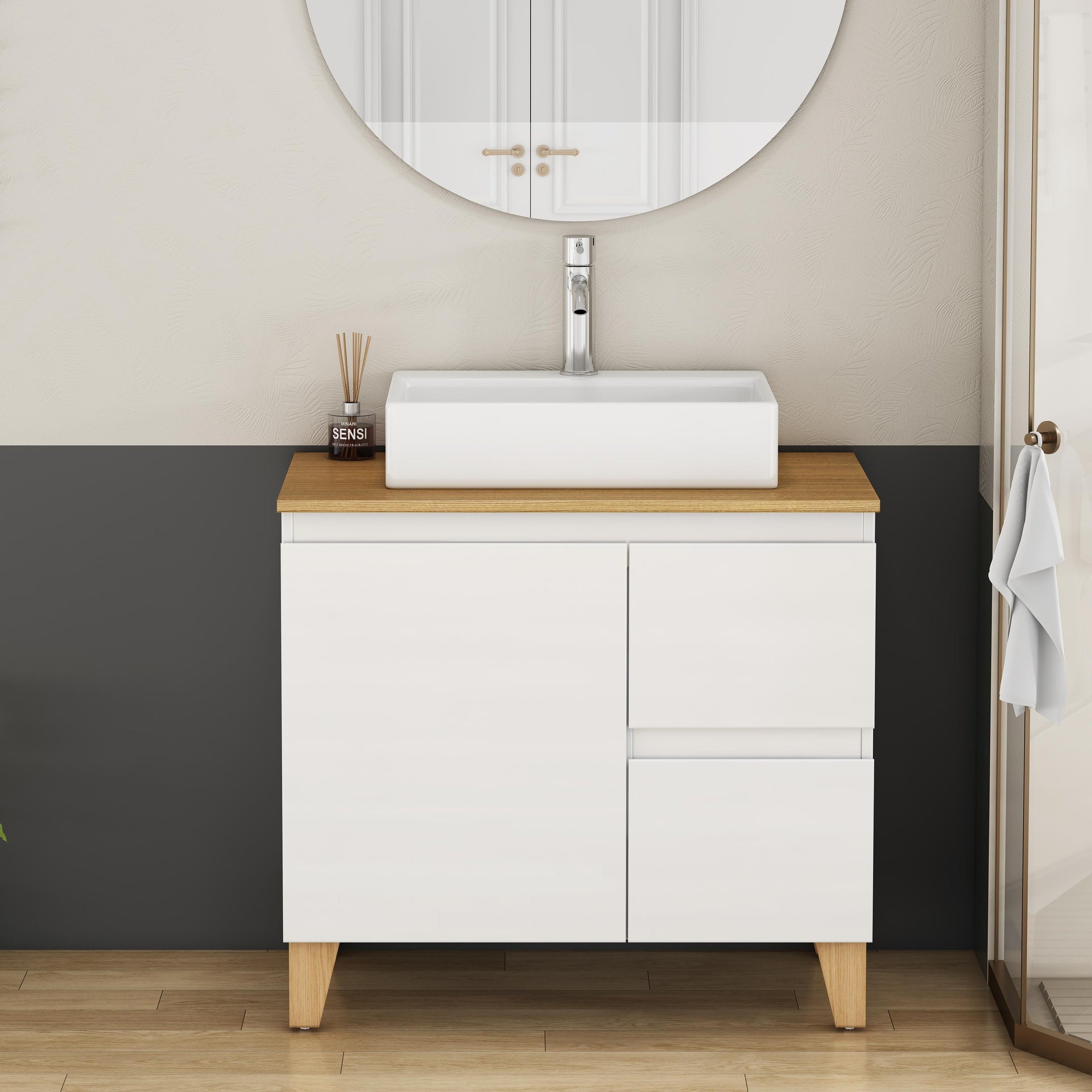 31.5-Inch Modern Bathroom Vanity with Sink Combo,1 Doors and 2 Big Drawer, Soft-Clost System,Handle-Free Design,Natural Solid Wood Top and Feet,Square-Shap Ceramic Basin On the Countertop,Glossy White