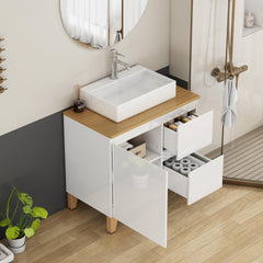31.5-Inch Modern Bathroom Vanity with Sink Combo,1 Doors and 2 Big Drawer, Soft-Clost System,Handle-Free Design,Natural Solid Wood Top and Feet,Square-Shap Ceramic Basin On the Countertop,Glossy White