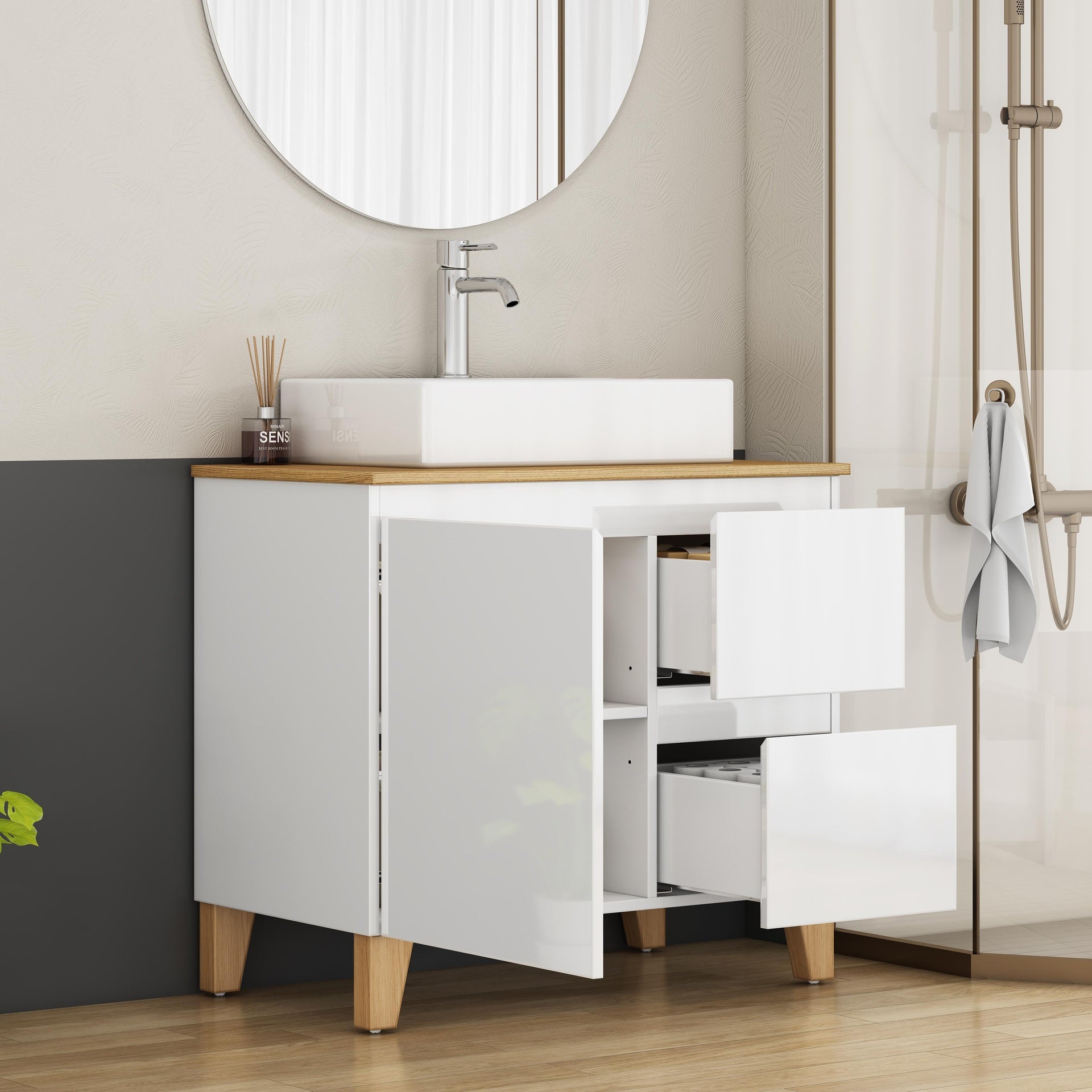 31.5-Inch Modern Bathroom Vanity with Sink Combo,1 Doors and 2 Big Drawer, Soft-Clost System,Handle-Free Design,Natural Solid Wood Top and Feet,Square-Shap Ceramic Basin On the Countertop,Glossy White