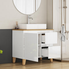 31.5-Inch Modern Bathroom Vanity with Sink Combo,1 Doors and 2 Big Drawer, Soft-Clost System,Handle-Free Design,Natural Solid Wood Top and Feet,Square-Shap Ceramic Basin On the Countertop,Glossy White