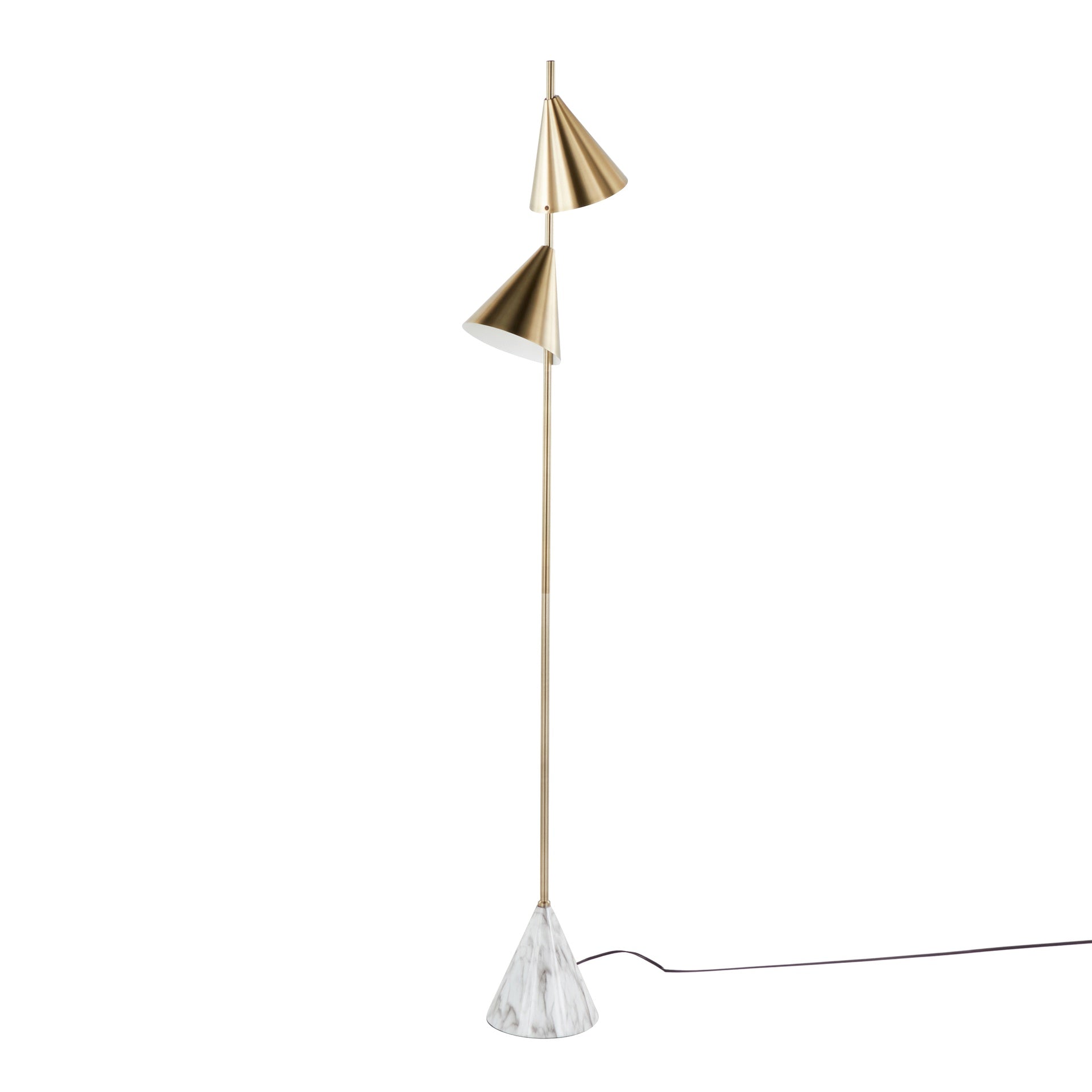 Cone 65" Glam Metal Floor Lamp in Brushed Gold Metal with White Faux Marble Metal Base by LumiSource