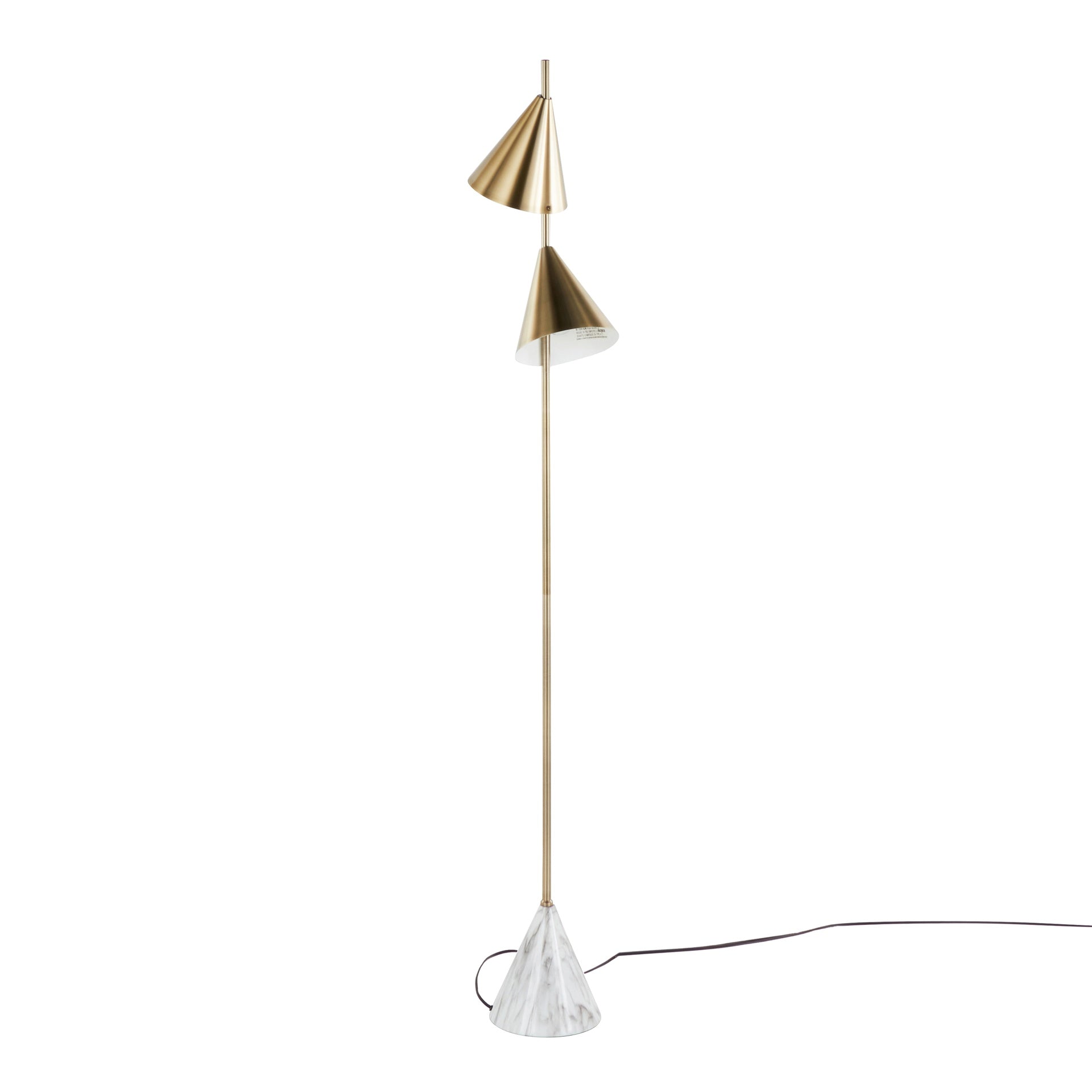 Cone 65" Glam Metal Floor Lamp in Brushed Gold Metal with White Faux Marble Metal Base by LumiSource