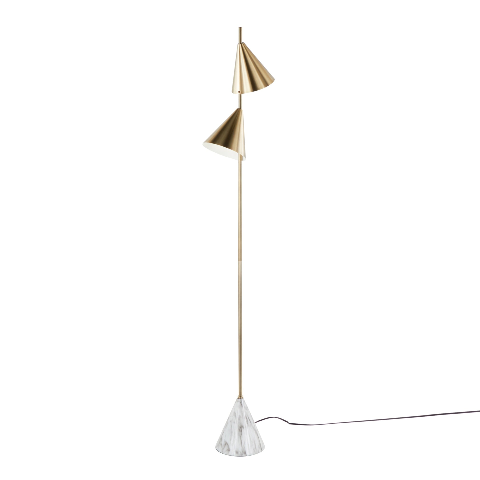 Cone 65" Glam Metal Floor Lamp in Brushed Gold Metal with White Faux Marble Metal Base by LumiSource