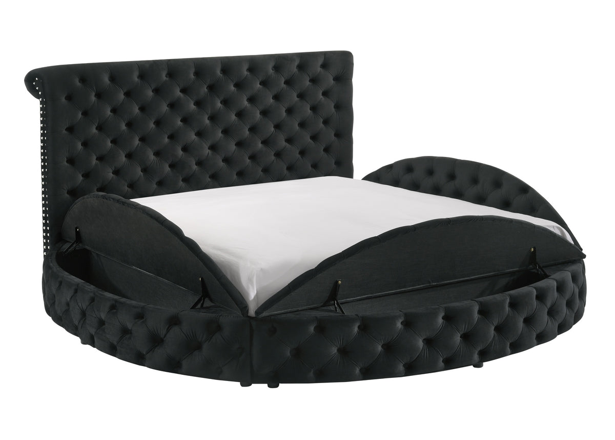 1pc Unique Round Plush Black Velvet Button-Tufted Detailing Storage Bed Queen Size