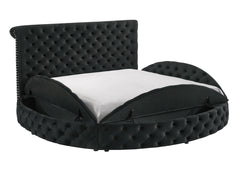 1pc Unique Round Plush Black Velvet Button-Tufted Detailing Storage Bed Queen Size
