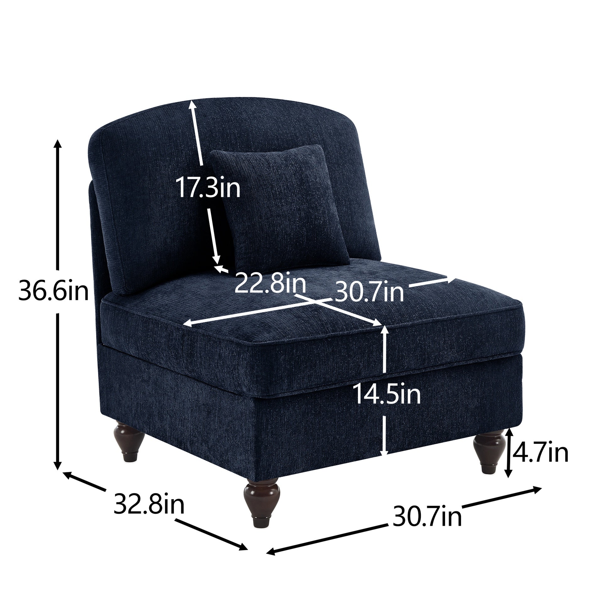 Armless Sofa Chenille W/1 Pillow -Blue