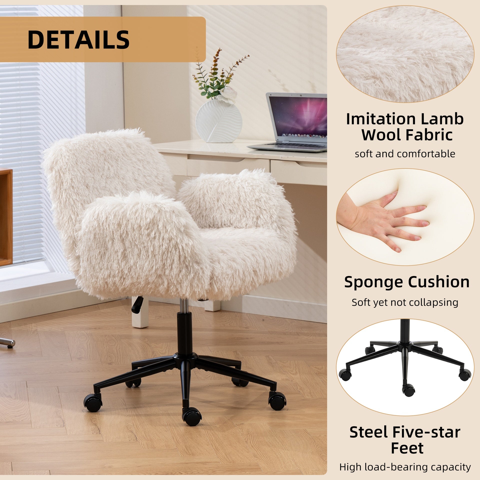 Criss Cross Chair with 5-Gear Adjustable Armrests & Wheels, Ergonomic Thickened Backrest Swivel Desk Chair for Home Office, Vanity, Bedroom and Living Room, Beige Lamb wool