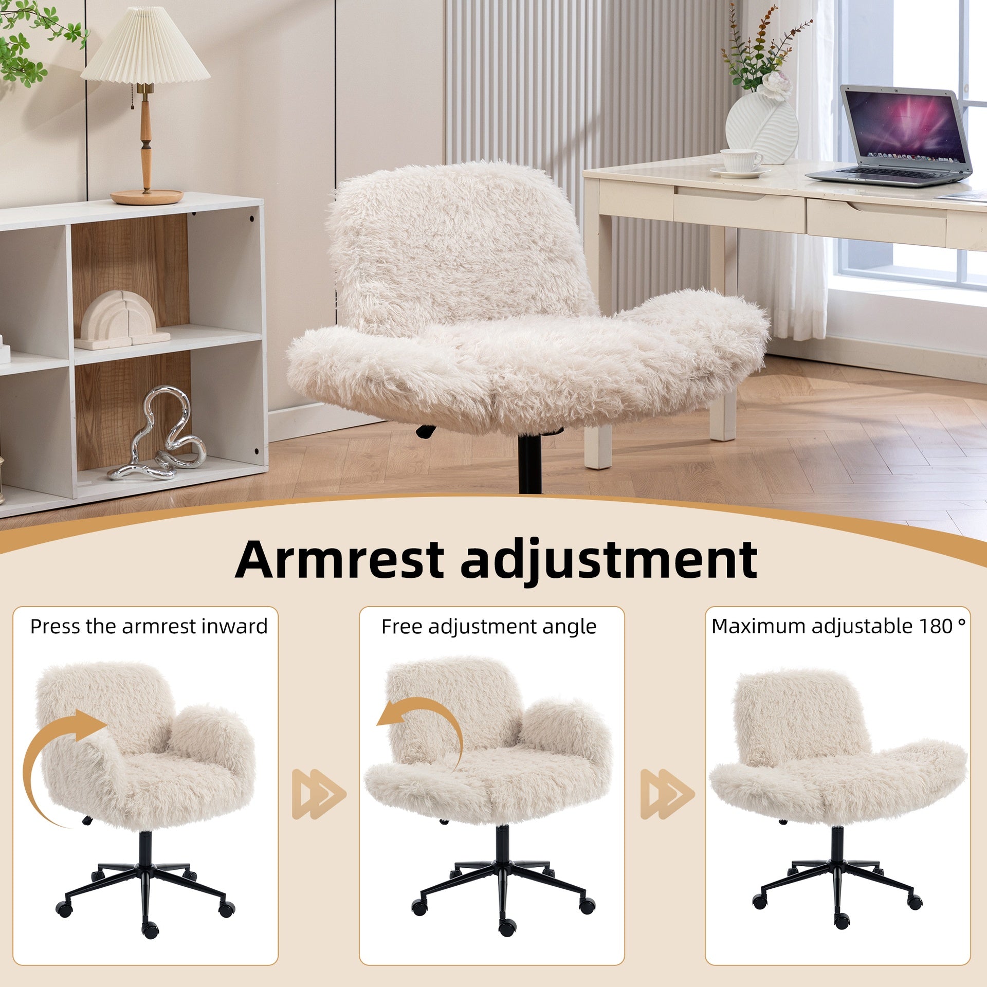 Criss Cross Chair with 5-Gear Adjustable Armrests & Wheels, Ergonomic Thickened Backrest Swivel Desk Chair for Home Office, Vanity, Bedroom and Living Room, Beige Lamb wool
